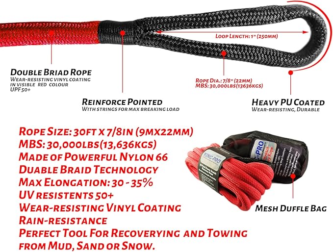 KING-PRO Kinetic Recovery Rope 7/8“x30' Towing Rope 30,000lbs Breaking Strength 100% Nylon Made Heavy Duty Offroad Snatch Strap 30% Elasticity for Full-Size Truck Large SUVs Offroad Vehicels (Red)