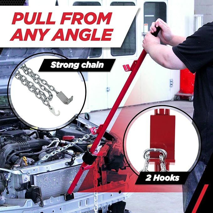 Champ Leverage Bar - 52” Alignment, Prying, and Pulling Stick with 3 Interchangeable Rubber Feet and 6 ft Chain Hook for Auto Body Frame and Panel Repair