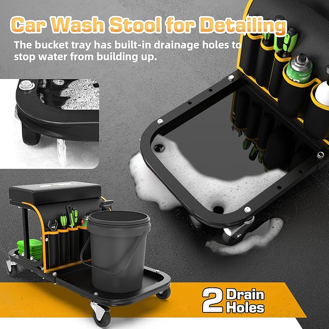 Rolling Shop Stool Chair with Wheels, Mechanic Garage Stool on Wheels, Auto Car Detailing Stools Seat with Tool Tray Storage for Garage Work, Workshop, Home, Garden, DIY, 300 LBS Capacity, Yellow