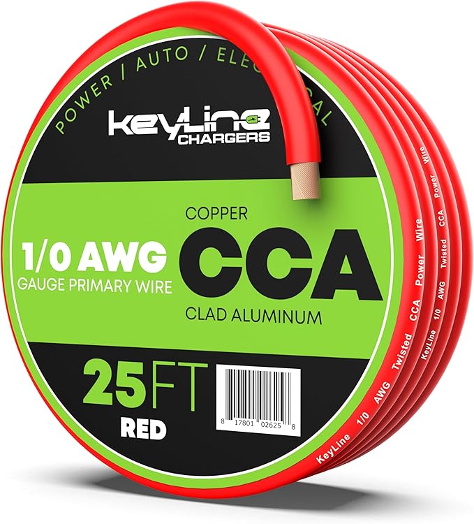 1/0 Gauge Amp Wire - 25ft Red | Best Used for Battery Cable, Marine Speaker Wiring, Solar Systems for RV Trailer, Car Audio Speaker, 8 AWG Automotive Copper Clad Aluminum (CCA)