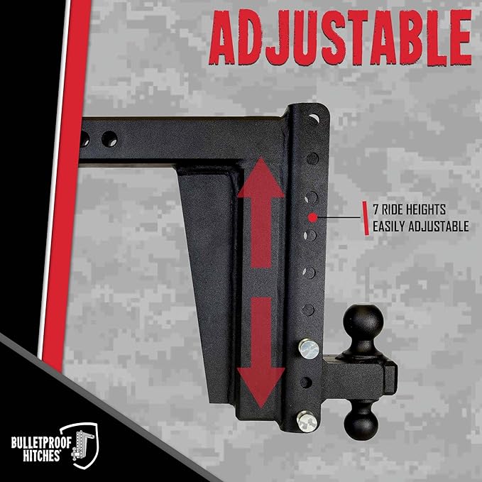 BulletProof Hitches - 2.5" Adjustable Extreme Duty Trailer Hitch (36,000 lb. Rating) - 12" Drop/Rise with 2" and 2 5/16" Dual Ball - Powder Coat, Solid Steel, Corrosion-Resistant