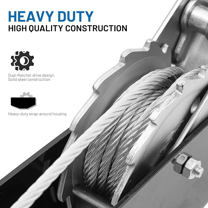 POLESTAR Come Along Winch, 3000 lbs Pull Capacity, 12 ft Steel Cable Hand Winch with 2 Hooks, Heavy Duty Dual Ratchet Cable Winch Puller, Automotive Towing Hoist Puller for Recovery, Moving, Securing