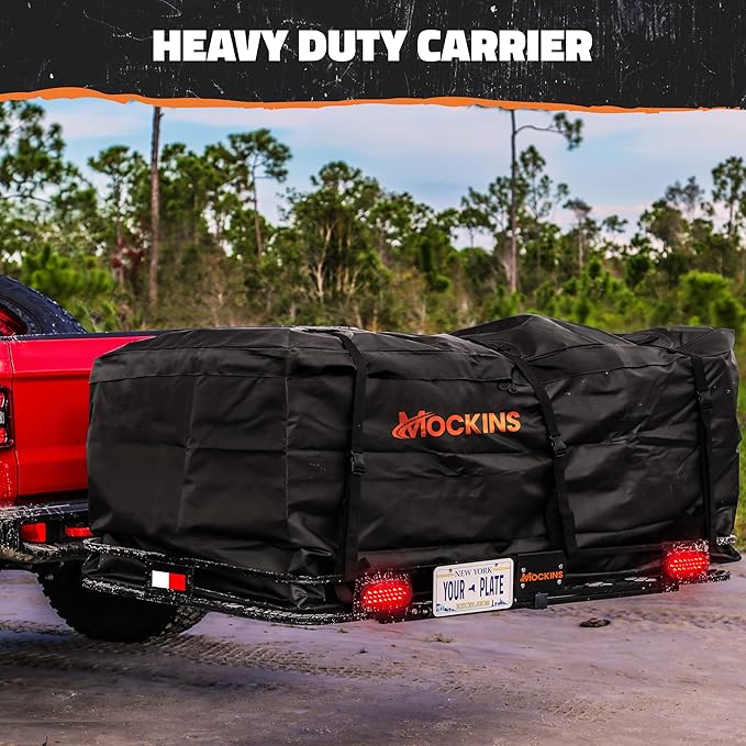 Mockins XXL 72"x36"x6" Folding Trailer Hitch Cargo Carrier w/Rear Lights & License Plate Bracket | Weatherproof Steel Luggage Rack for SUV Car & Truck | 500Lbs. Cap Cargo Hitch Carrier w/Accessories
