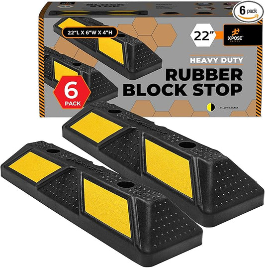 Xpose Safety 22" Heavy Duty Rubber Parking Stopper – 6 Pack Wheel Blocks for Garage, Driveway, or Ramp – Car Bumper Stop with Yellow Reflective Strips – Removable Floor Mount