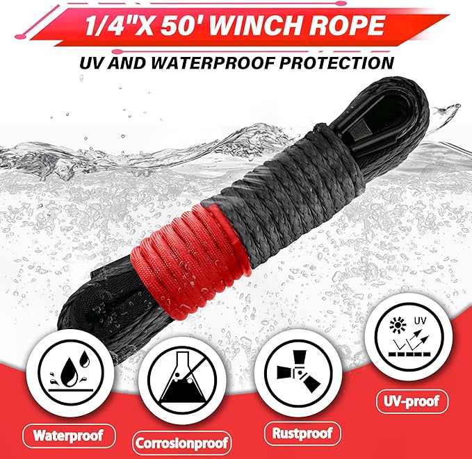 TYT Off-Road Winch Rope Kit - 1/4''x50', 10000 Lbs Black Synthetic Cable with Protective Sheath, Heavy-Duty Hook, Safety Pull Strap & Rubber Stopper Ideal for 4WD ATV UTV Vehicles, Grey, (JPS1450IG)