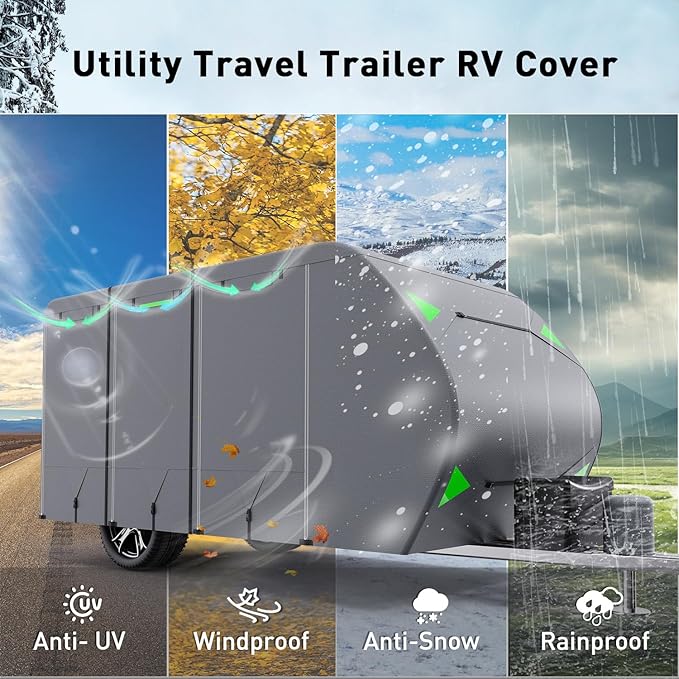Utility Travel Trailer RV Cover 24-27 ft,Waterproof Windproof Anti-UV,Rip-Stop Extra-Thick 6 Layers Camper Cover,RV Covers with Repari Kit,Rv Jack Cover & 4 Tire Covers Gray