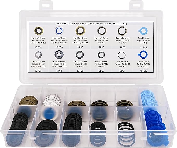 100Pcs 12 Types Metal Rubber Master Oil Drain Plug Gasket Assortment Kit Replace 097-021, 097-025, 097-035, 55196309, 097-116, 097-119, 097-115, 097-139, 097-146