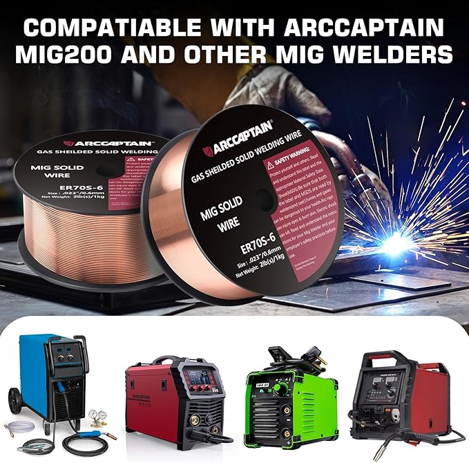 ARCCAPTAIN MIG Welding Wire, MIG Wire ER70S-6 2Lbs Gas Solid Carbon Steel Low Splatter MIG Welding Wire Compatible With Lincoln Miller Forney Harbor Welder 1KG (0.023" 2Lb)