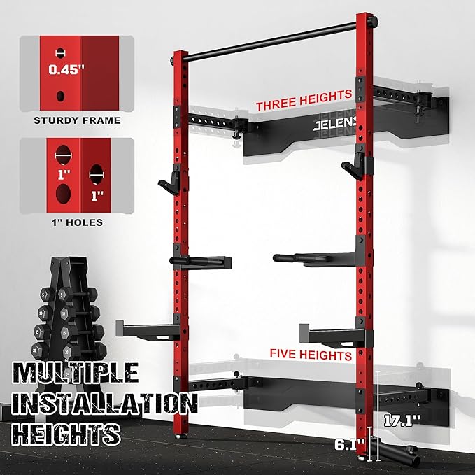 Folding Squat Rack, Wall Mounted Power Rack for Home Gym, Space Saving Multi-Functional Power Cage with Attachments