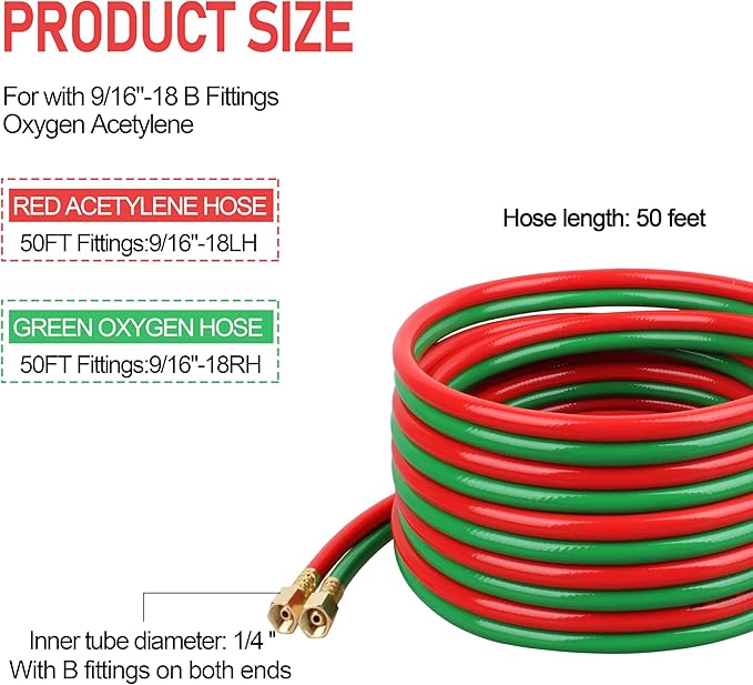 Oxygen Acetylene Hose 1/4-Inch × 50FT with 9/16”-18 B Fittings Welding Cutting Torch Twin Hose