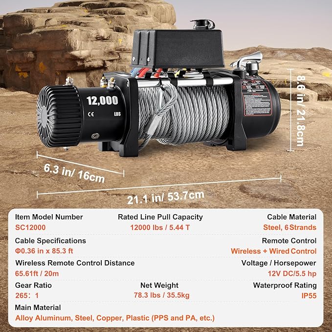 VEVOR Truck Winch 12000lbs Electric Winch 85ft/26m Steel Cable 12V Power Winch Jeep Winch with Wireless Remote Control and Powerful Motor for UTV ATV & Jeep Truck and Wrangler in Car Lift