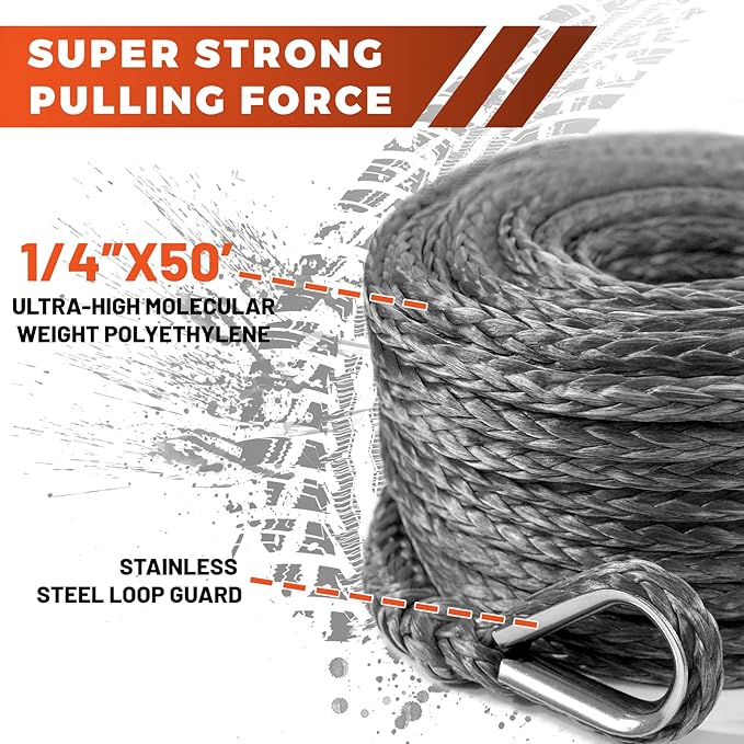 Winch Rope Extension, 1/4'' x 50ft 10,000Lbs Synthetic Winch Extension Rope, Winch Extension Line for Off Road Vehicle ATV UTV (Gray)