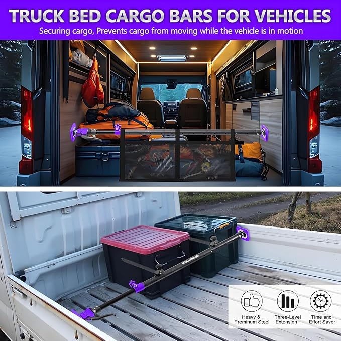 Adjustable Cargo Bar, Truck Bed Divider from 40 to 78.7 IN with 200LB Bearing Capacity, Cargo Bar for Pickup, Truck Bed Organizer Cargo Bars for SUV, Trailer, Van, Come With 2 Divider Bar, 1 Cargo Net