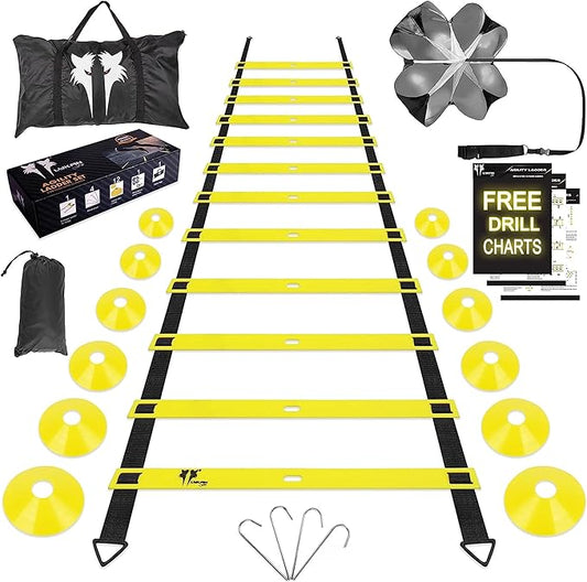 20ft Sports Agility Ladder for Men Women and Kids, Speed Youth Soccer Agility Training Equipment for Football, Exercise, Tennis, Legs Workout with Speed Parachute, Cones and Carry Bag