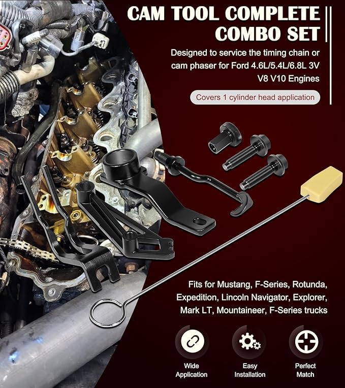Timing Belt Tools Set for Ford 4.6L, 5.4L & 6.8L 3V Engines, Including Cam Phaser Holder Tool, Timing Chain Locking Wedge Tool, Valve Spring Compressor Tool, Crankshaft Positioning & Pulley Bolt Tool