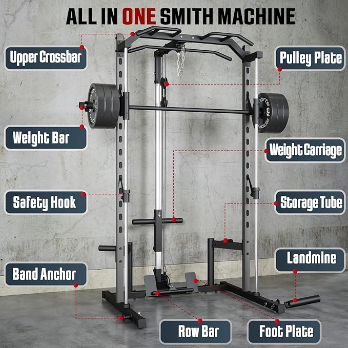 OPPSDECOR Power Cage, Multi-Function Power Rack with Adjustable Cable Pulley System, Squat Rack with Pull-up Bar, J-Hooks, More Training Attachment for Home Gym