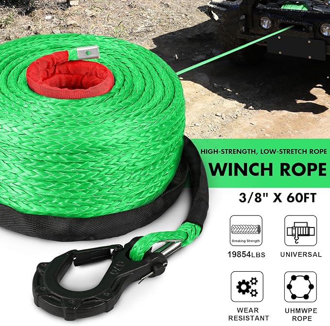 Synthetic Winch Rope, 3/8'' x 60ft 19,854LBS Synthetic Winch Line 3/8 Winch Cable Replacement Synthetic Rope with Forged Winch Hook for 4WD Off Road Vehicle SUV Truck(Green-Slim)