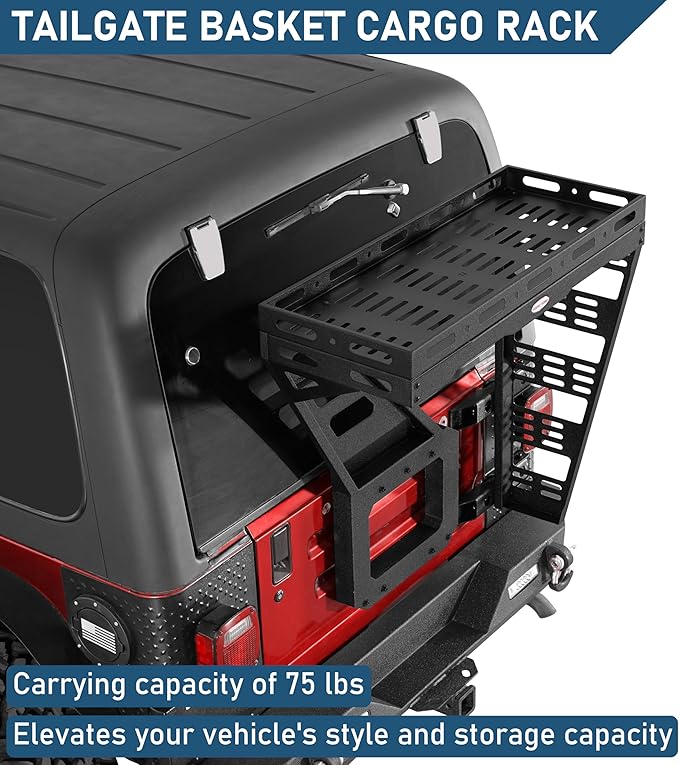 Hooke Road Tailgate Storage Basket Spare Tire Cargo Rack for 1997-2006 Jeep Wrangler TJ, Steel Luggage Carrier Tray with Reinforced Tailgate Hinge for Overlanding Camping Accessories