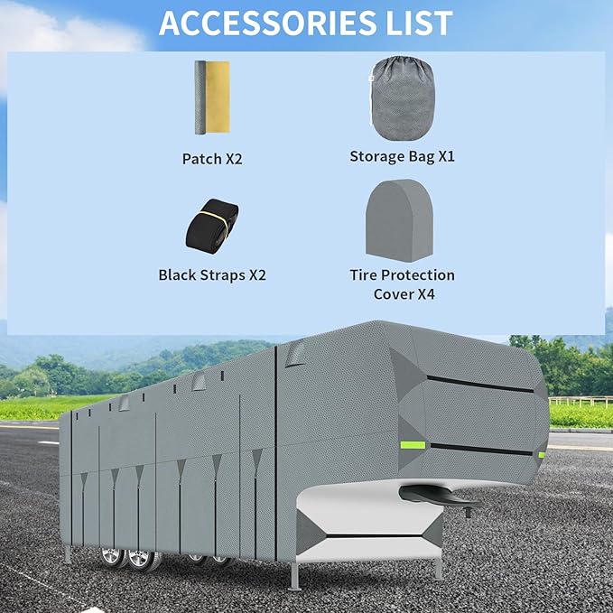 26-29ft Heavy Duty RV Cover - 5 Layers Waterproof Rip-Stop Travel Trailer 5th Wheel Camper Covers, Anti-UV Fifth Wheel Cover with 2Pcs Extra Straps & 4 Tire Covers