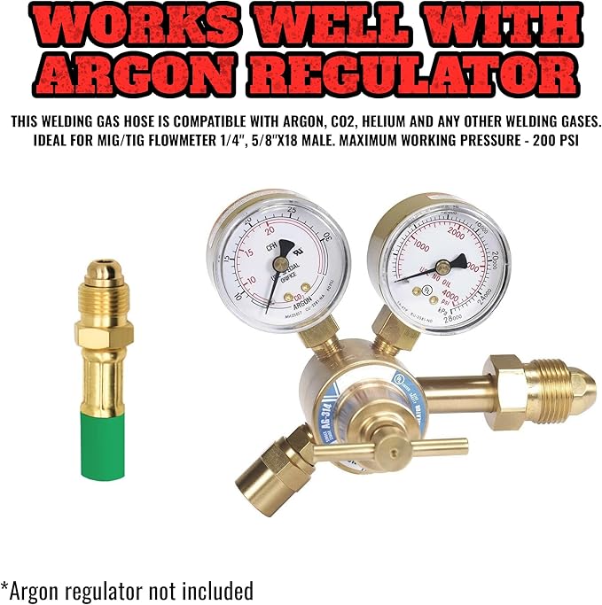Argon Gas Hose for MIG/TIG Welding Flowmeter 1/4", 5/8"X18 Male, NPT Fittings, Inert Hose (25 Feet) AH-25-G