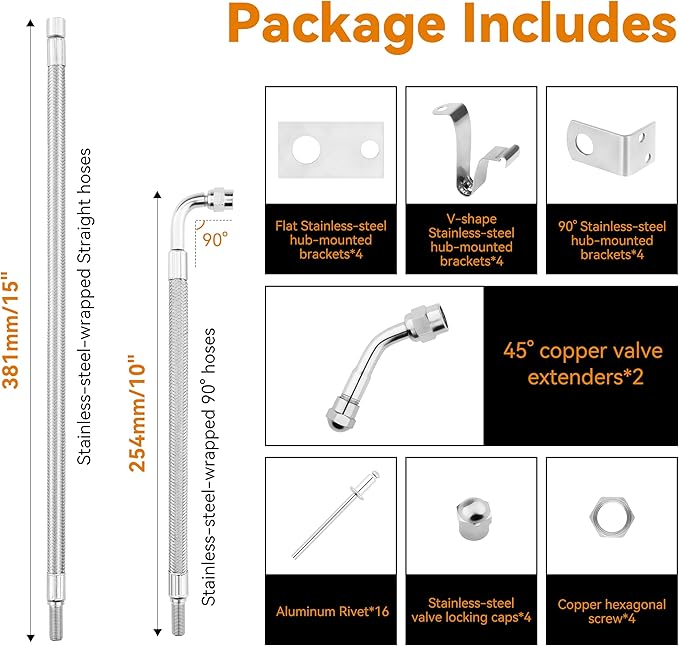 Dually Valve Stem Extenders Kit, Stainless Steel Braided Valve Stem Extension fits 16" to 19-1/2" Dual Wheels Tire Valve Extension for Most Cars Motorhome RVs Trailers Trucks