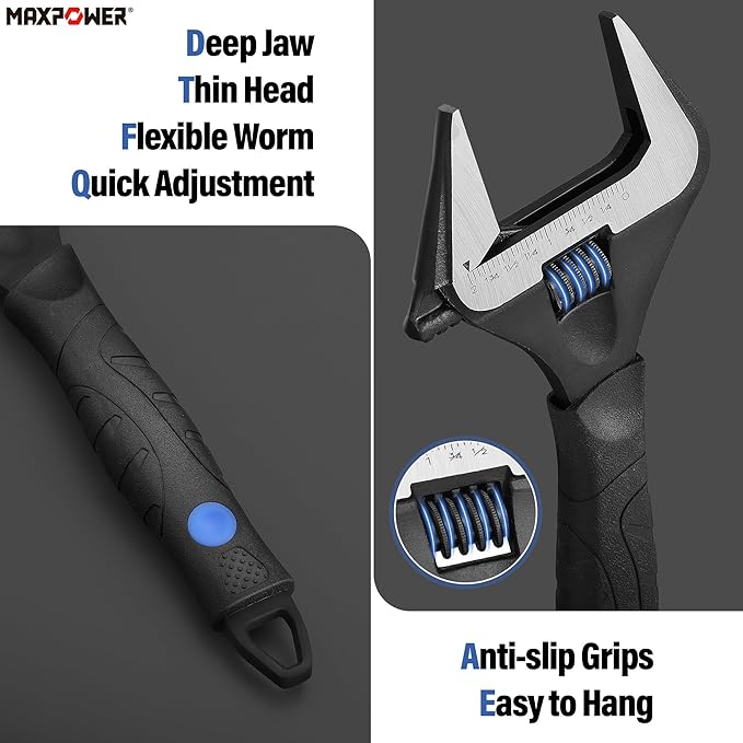 MAXPOWER 10 inch Adjustable Wrench, Wide Jaw Capacity 2 inch (50 mm)