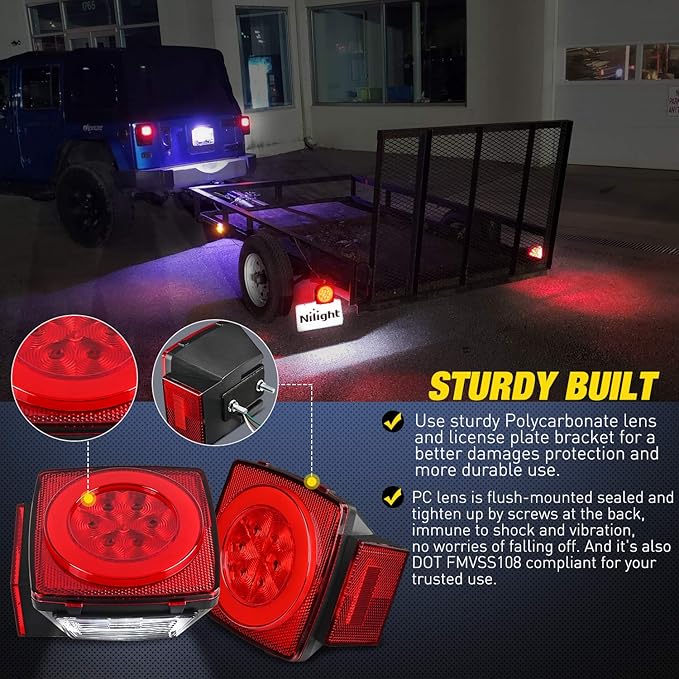 Nilight 2PCS Square LED Trailer Light Kit with Halo Glow Submersible LED Stop Turn Tail Side Marker Clearance License Light for 12V Trailer Boat Camper RV Trucks Snowmobile (TL-41)