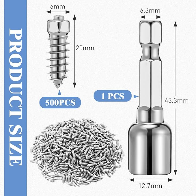 500pcs 6x20mm Carbide Screw Tire Studs Anti Slip Snow Tire Studs Wheel Tyre Anti Ice Snow Spikes for SUV/tractor/ATV/UTV/motorcycle, with Installation Tool