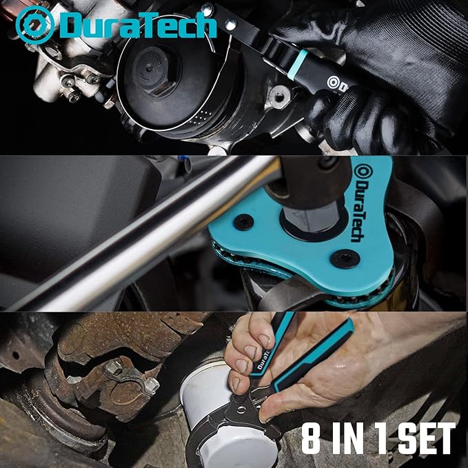 DURATECH 8-Piece Oil Filter Swivel Wrench Set, Wrenches Cover 2-3/4" to 5-1/4", 9" & 12" Adjustable Oil Filter Pliers, Universal 3-Jaw Removal Tool with 1/2" to 3/8" Adapter, Organized in Storage Case