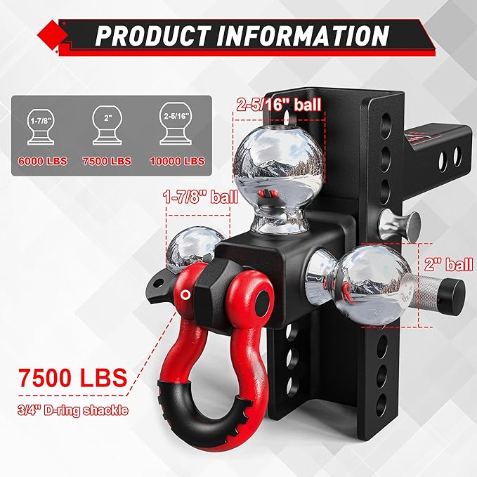 TYT Adjustable Tri-Ball Trailer Hitch for 2 inch Receiver, 4.5" Drop/Rise, Triple Balls (1-7/8", 2", 2-5/16") with Shackle , 10,000 lbs GTW, 1,000 lbs TW ,Pin Lock & Hitch Tightener