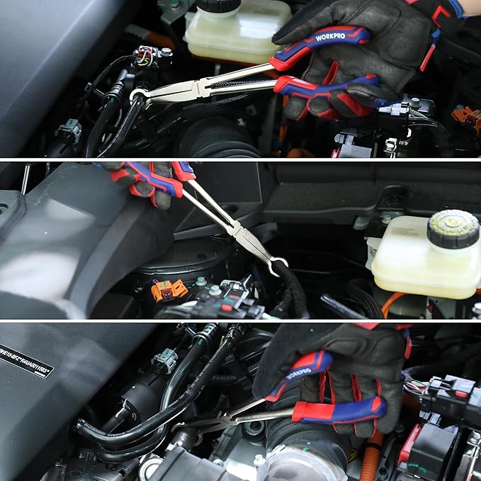 WORKPRO 3 PCS 11" Hose Gripper Plier Set, Long Reach Hose Gripping Pliers, 5/16-Inch, 1/2-Inch, 3/4-Inch Dia, Spark Plug Boot Removal Pliers, Serrated Jaws for Hard to Reach Narrow Spaces