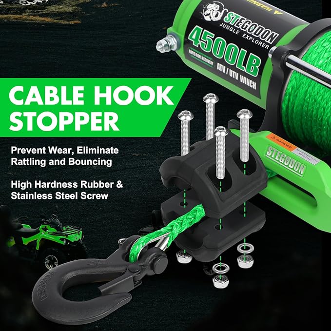 Synthetic Winch Rope, 1/4'' x 50ft 10,000LBS Synthetic Winch Line 1/4 Winch Cable Replacement Synthetic Rope with Forged Winch Hook and Rubber Stopper for 4WD Off Road Vehicle ATV UTV (Green)