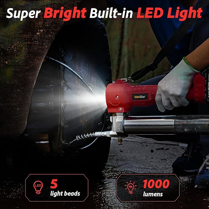 Electric Grease Gun Cordless10000 PSI, Grease Gun Kit with 2×2.0Ah Batteries & Charger, 39.4" Flexible Hose & LED Light for Tractors Trucks Trailers Heavy Equipment Maintenance (Red)
