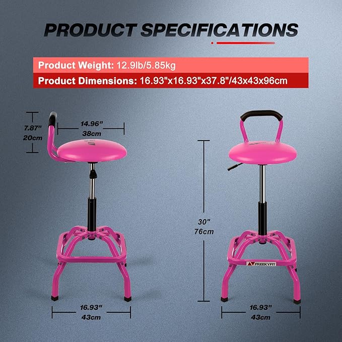 Garage Stool, Adjustable Height Swivel Work Mechanic Shop Stool with Backrest, Pneumatic Shop Chair for Home, Workshop, 300 LBS Capacity, 360° Rotation, Heavy Duty, Pink