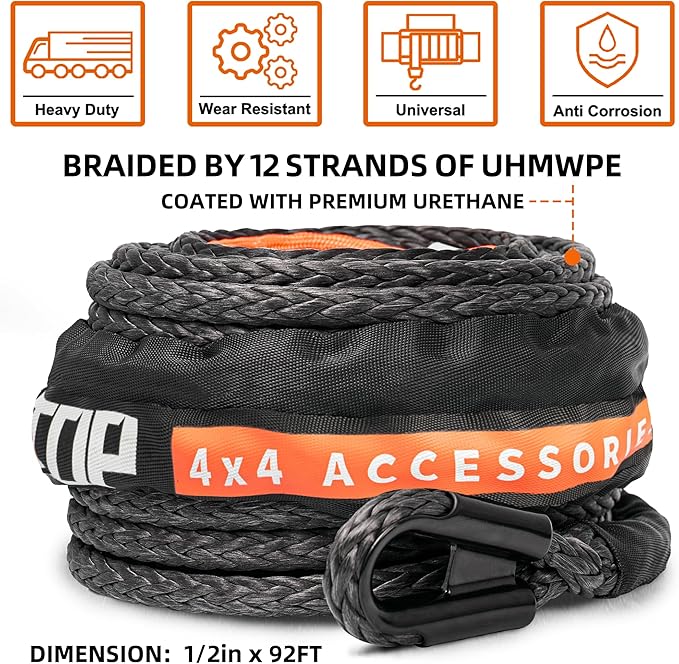 ALL-TOP Synthetic Winch Rope Cable, 1/2" x92ft, 31500LBS Winch Replace Line with Protective Sleeve for Offroad Vehicle SUV Truck