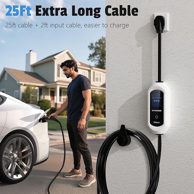 Level 2 Charger for with Tesla 40 Amp Without NACS Adapter, Portable EV Charger for with Tesla, Electric Car Chargers for Model Y/3/S/X, LCD Display & App Control(240V, NEMA14-50 Plug, 25+2FT Cable)