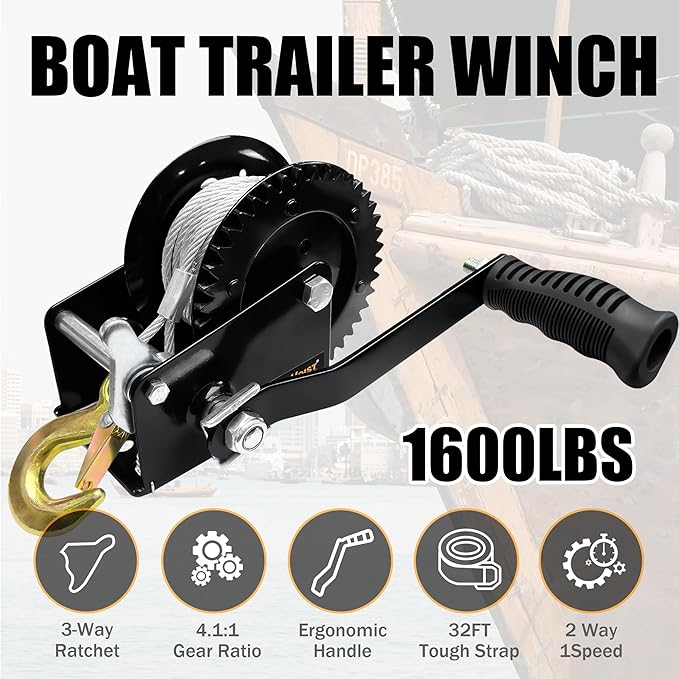 Boat Trailer Winch 1600lbs Capacity with 32Ft Steel Cable,Hand Winch Two-Way Ratchet Adjustable Trailer Winch,Portable Hand Crank Winch for Boat, Truck, ATV, Jet Ski