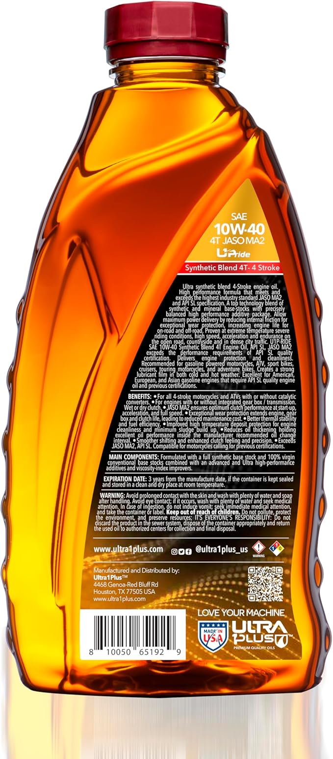 Ultra1Plus SAE 10W-40 4T Motorcycle Synthetic Blend Motor Oil API SL JASO MA2-12 Quarts Bulk Box