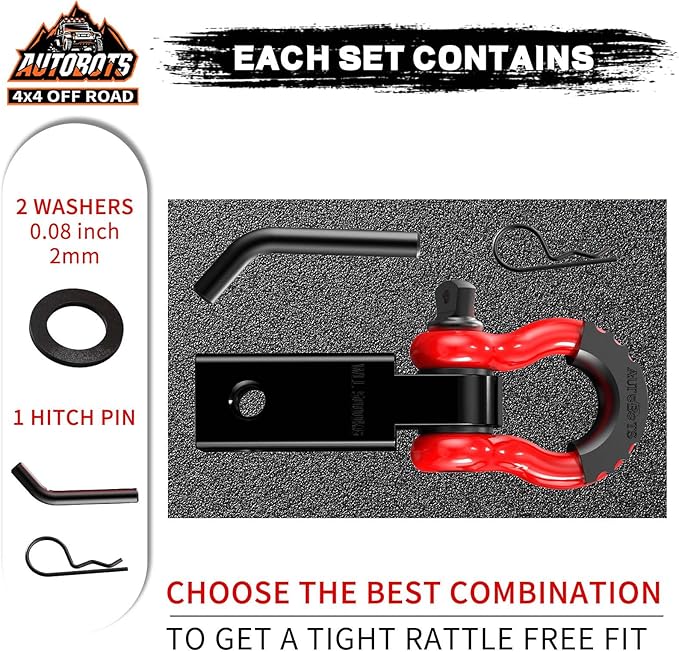AUTOBOTS Tow Hitch Receiver 2", 45,000 Lbs Break Strength Shackle Hitch Receiver with 5/8" Hitch Pin, 3/4 D Ring Shackle, Towing Accessories for Truck Trailer Recovery Off-Road Red&Black