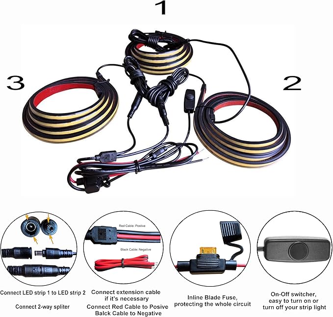LED Truck Bed Lights, 3Pcs 60Inch 12V 6500K White COB Waterproof Lights Strip with Switch Blade Fuse Splitter, Cool Accessories for Pickup Truck Camper Van SUV RV Boat
