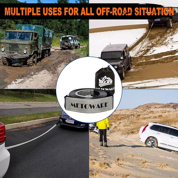 METOWARE Tow Strap 3'' × 30ft Recovery Strap, Heavy Duty Tow Straps with 35,000 lb Capacity, Recover Vehicle Stuck in Mud/Snow, Triple Reinforced Webbing, Extreme Water-Resistant (Gray)