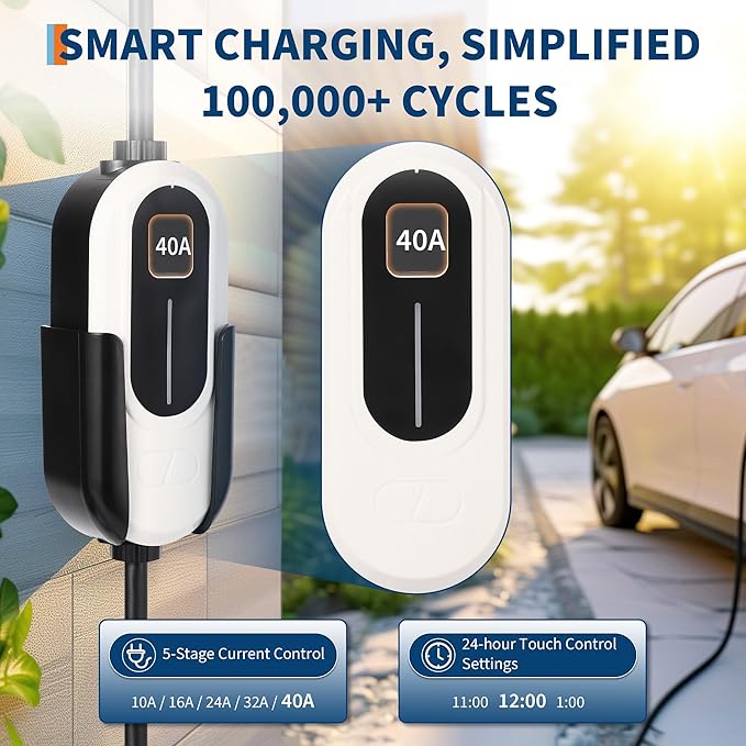 Level 2 EV Charger, 40A 240V Voltage, NEMA 14-50 Plug, 25 ft Cable, Adjustable Current/Delay Timer, SAE J1772 Listed Portable Electric Car Charger for Indoor/Outdoor Use, WiFi Enabled