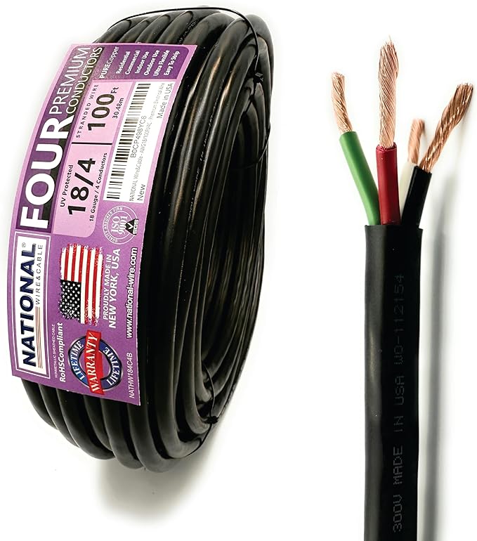NATIONAL Wire & Cable – 18 AWG 4-Conductor Premium Copper Wire, 100 ft, Stranded | Made in USA, Flexible Jacket | LED Strips, Electronics, Low Voltage, DIY Projects, Indoor and Outdoor Use