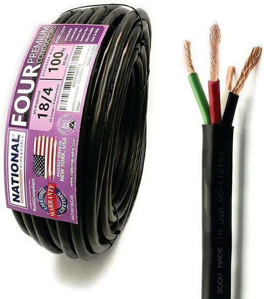 NATIONAL Wire & Cable – 18 AWG 4-Conductor Premium Copper Wire, 100 ft, Stranded | Made in USA, Flexible Jacket | LED Strips, Electronics, Low Voltage, DIY Projects, Indoor and Outdoor Use