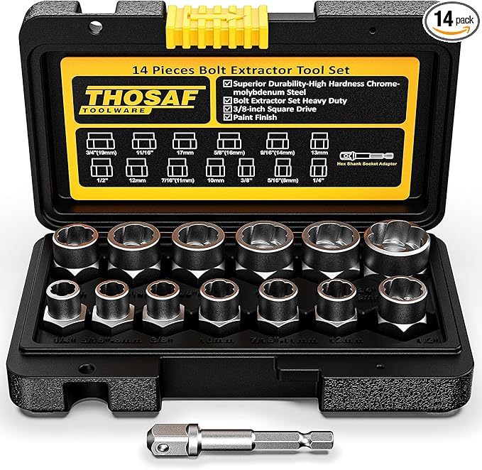 Impact Bolt & Nut Remover Set,14 Pieces Bolt Extractor Tool Set, 3/8" Drive Impact Bolt & Nut Remover Socket Tool Kit, Stripped For Damaged, Frozen, Studs, Rusted, Nuts & Screws, Tools Gifts for Men