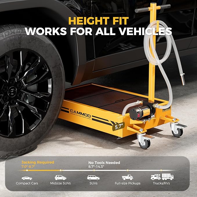 15 Gal Electric Oil Drain Pan, 110V High-Flow Pump, 9.8 FT Hose, 200 W Motor, 2 Locking Swivel Casters and 2 Directional Wheels Stable, Folding Handle, Heavy-Duty for Trucks, RVs, SUVs, Yellow