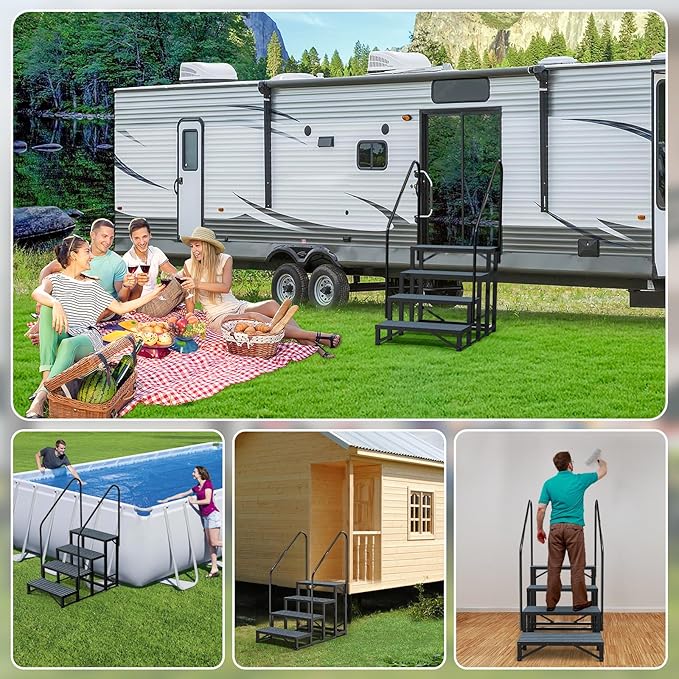 Rv Steps with Handrail 4 Step,Hot Tub Steps with Anti-Slip Mats,Heavy Duty Metal Mobile Home Stairs,Camper Steps for Travel Trailer,Portable Step Ladder for Spa,Pool and Porch