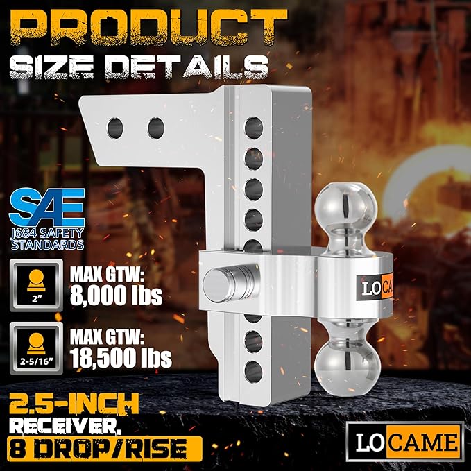 LOCAME Adjustable Trailer Hitch, Fits 2.5-Inch Receiver Only, 8-Inch Drop/Rise Aluminum Drop Hitch, 18,500 LBS GTW-Tow Hitch for Heavy Duty Truck with Double Stainless Steel Locks, Silver, LC0008