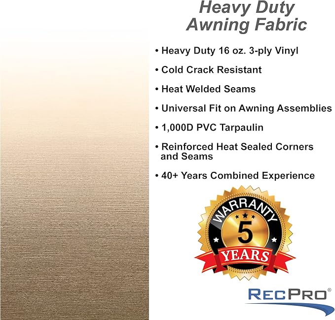 RecPro RV Awning Fabric Replacement 19 Foot Camper Awning | Tan | Heat Sealed | Width Size Options | 8' (96") Length | Heat-Sealed | 3 Year Warranty (19', Actual 18' 1")