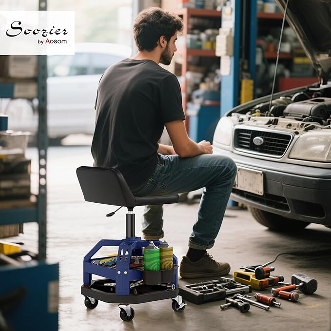 HOMCOM Rolling Mechanic Stool, 300 LBS Capacity Pneumatic Creeper Garage Stool with 360° Wheels, Backrest, Heavy Duty Roller Seat Padded Shop Chair with Tool Tray Storage, Adjustable Height (Blue)